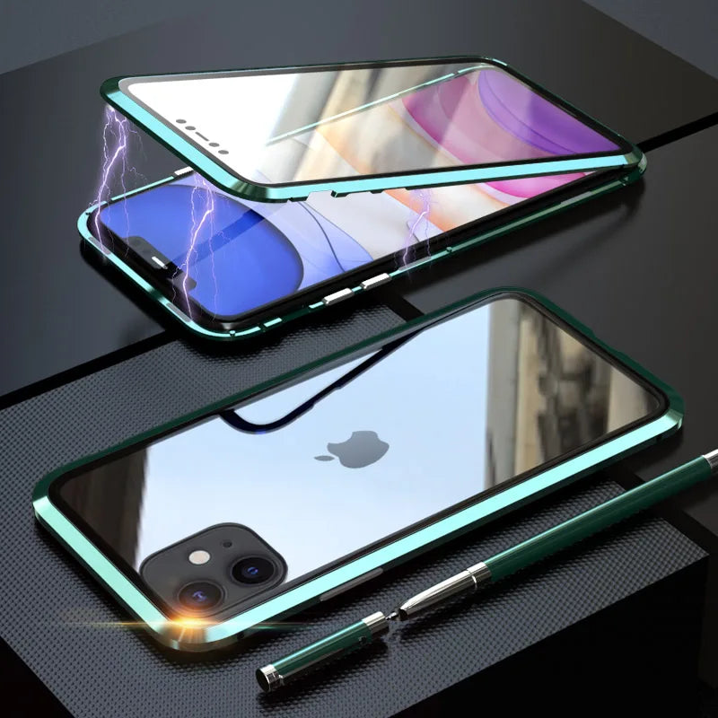 Metal Magnetic For iPhone 17 16 15 12 Pro 13 11 Xr Xs Max Mini Air Phone Case Double-Sided Glass Cover Coque Fundas Clear Bumper