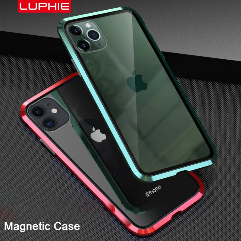 Metal Magnetic For iPhone 17 16 15 12 Pro 13 11 Xr Xs Max Mini Air Phone Case Double-Sided Glass Cover Coque Fundas Clear Bumper