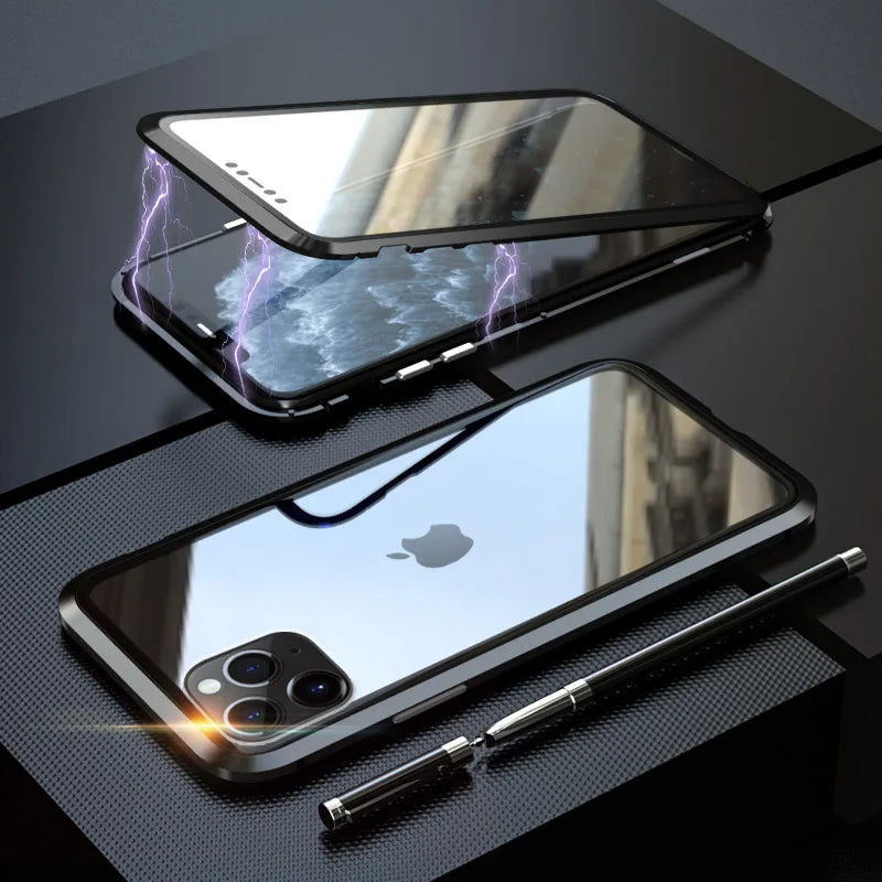 Metal Magnetic For iPhone 17 16 15 12 Pro 13 11 Xr Xs Max Mini Air Phone Case Double-Sided Glass Cover Coque Fundas Clear Bumper