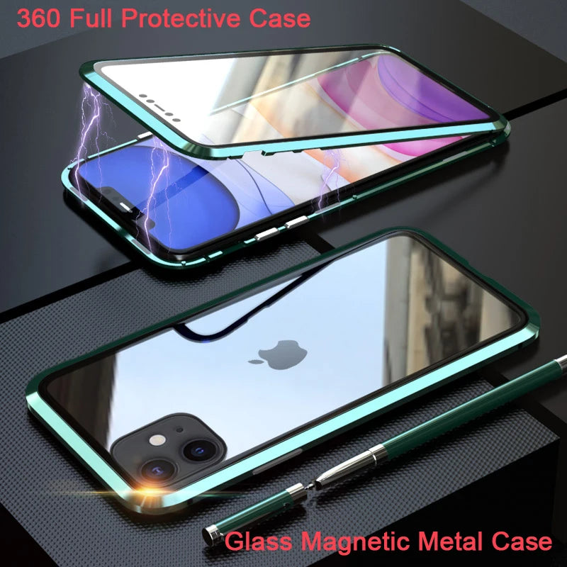 Metal Magnetic For iPhone 17 16 15 12 Pro 13 11 Xr Xs Max Mini Air Phone Case Double-Sided Glass Cover Coque Fundas Clear Bumper