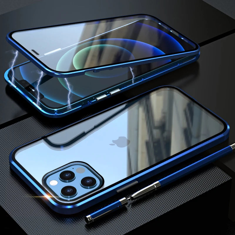 Metal Magnetic For iPhone 17 16 15 12 Pro 13 11 Xr Xs Max Mini Air Phone Case Double-Sided Glass Cover Coque Fundas Clear Bumper