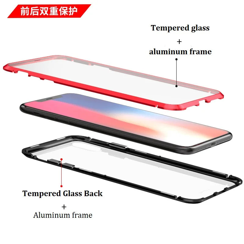 Metal Magnetic For iPhone 17 16 15 12 Pro 13 11 Xr Xs Max Mini Air Phone Case Double-Sided Glass Cover Coque Fundas Clear Bumper