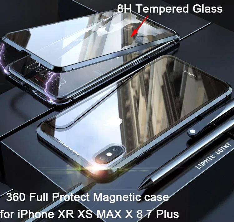 Metal Magnetic For iPhone 17 16 15 12 Pro 13 11 Xr Xs Max Mini Air Phone Case Double-Sided Glass Cover Coque Fundas Clear Bumper