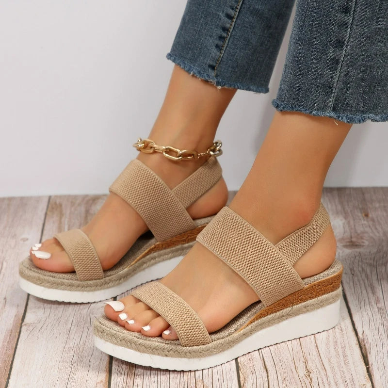 Women's Sandals Wedge Platform Shoes Open Toe Solid Color Beach Shoes Non-slip Sandals Slip on Elastic Fabric Sandals