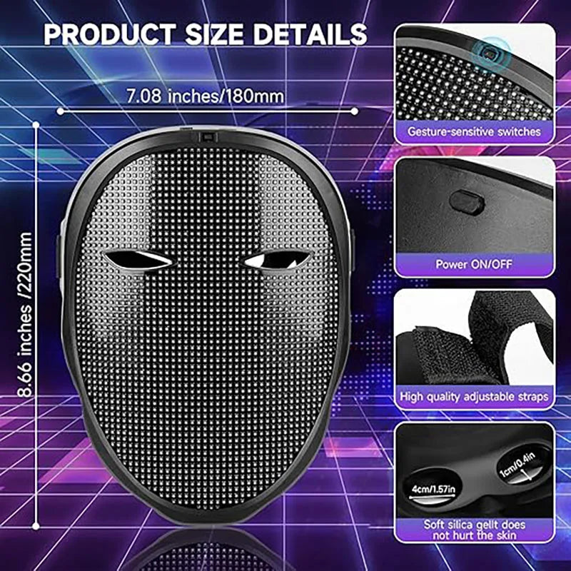 Led Mask with Gesture Sensing,Bluetooth APP Control Programmable Smart Display Face Transforming Light Up Halloween Mask