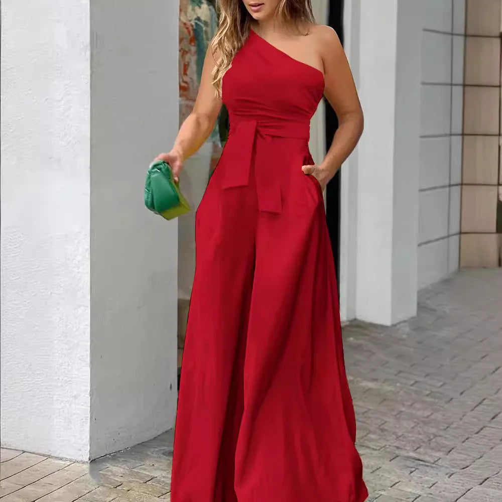 Women's Clothes Jumpsuit Solid Color Lace-up Irregular Off-The-Shoulder Casual High Waist Wide Leg Casual Ladies Jumpsuit