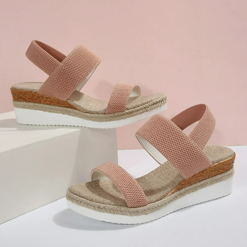 Women's Sandals Wedge Platform Shoes Open Toe Solid Color Beach Shoes Non-slip Sandals Slip on Elastic Fabric Sandals