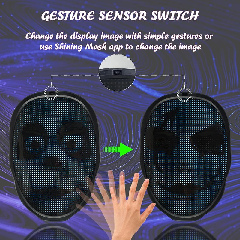 Led Mask with Gesture Sensing,Bluetooth APP Control Programmable Smart Display Face Transforming Light Up Halloween Mask