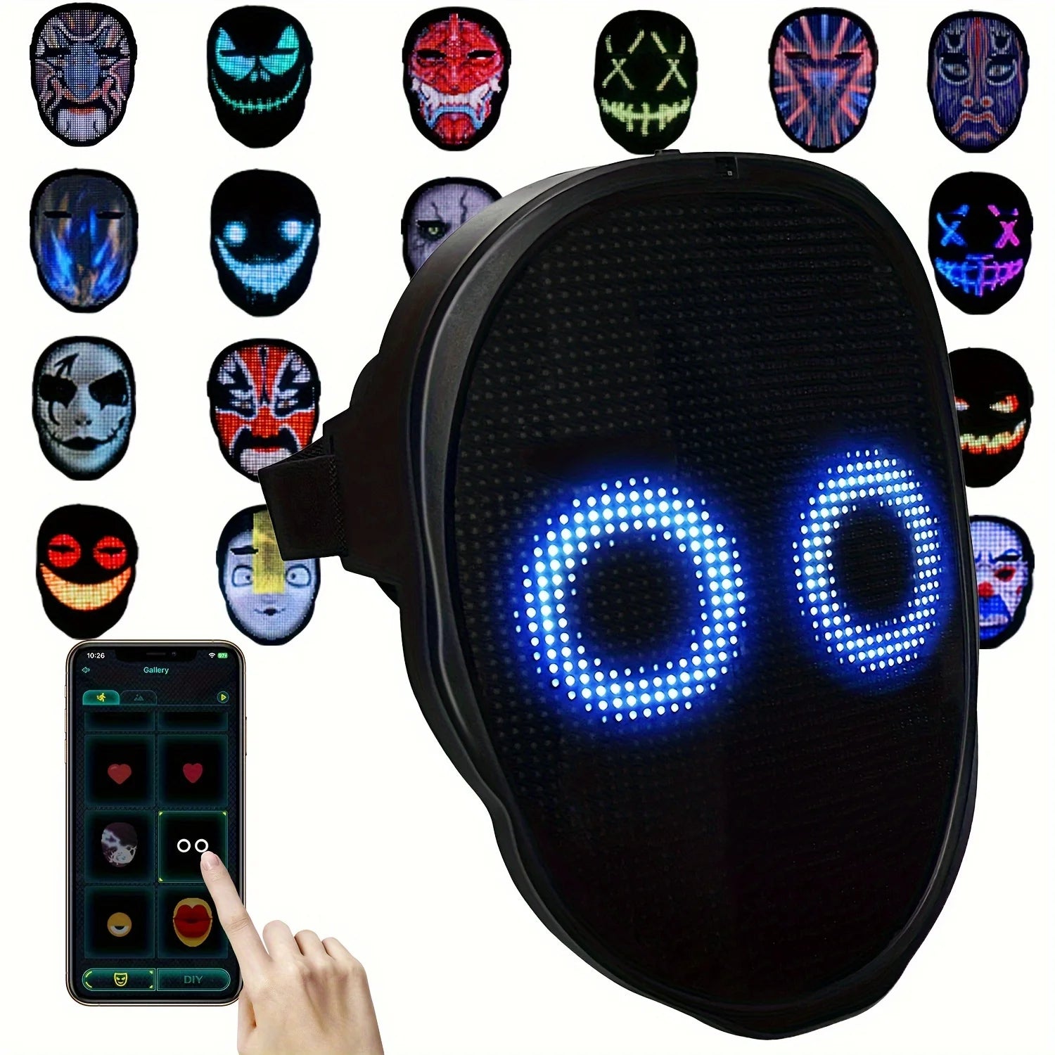 Led Mask with Gesture Sensing,Bluetooth APP Control Programmable Smart Display Face Transforming Light Up Halloween Mask