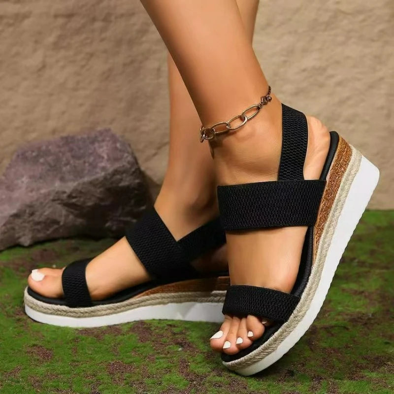 Women's Sandals Wedge Platform Shoes Open Toe Solid Color Beach Shoes Non-slip Sandals Slip on Elastic Fabric Sandals