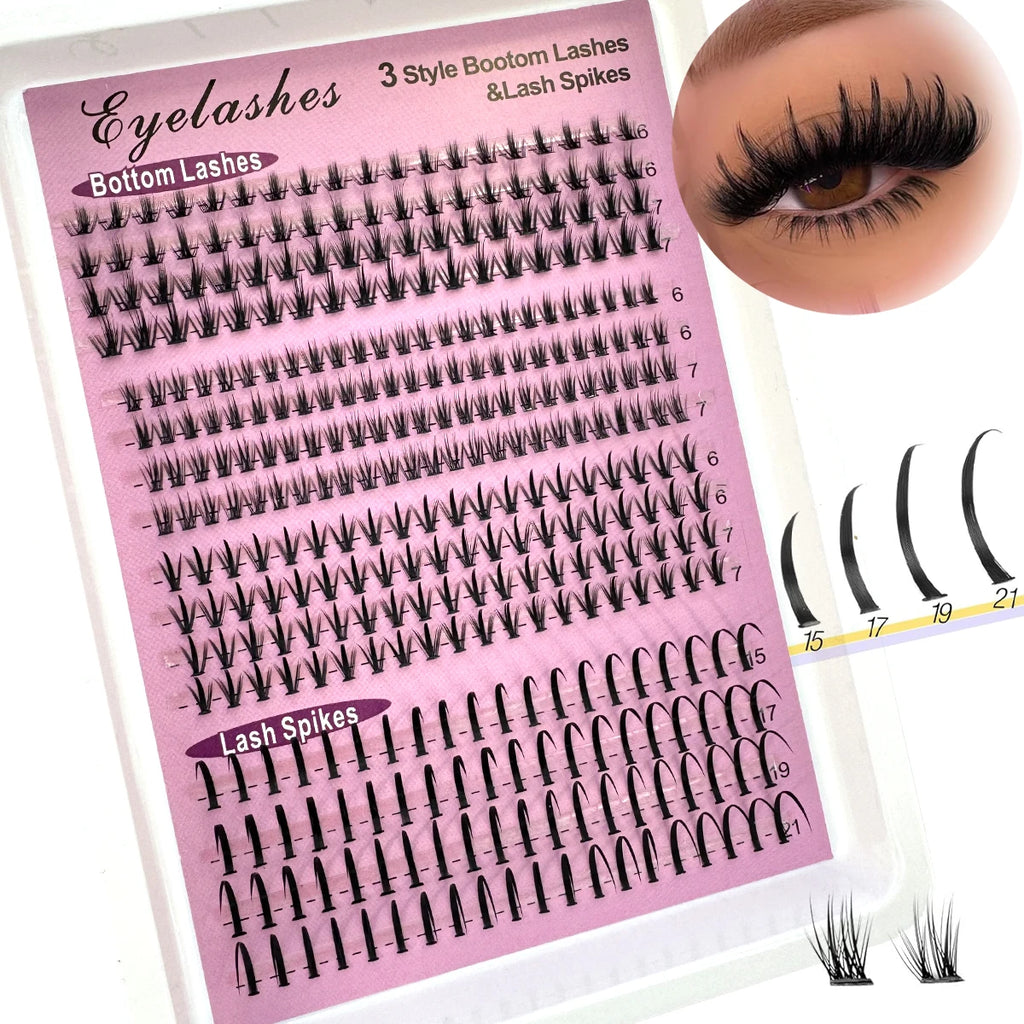 16 Rows Bottom Lashes (6-7mm) and Spikes (15-21mm) Mix DIY Eyelash Extension Wispy Individual Lash Spikes Clusters DIY Lashes Tools