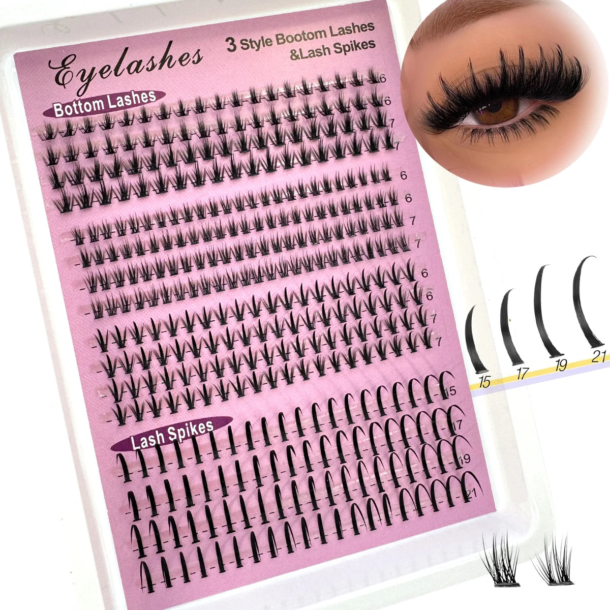 16Rows Bottom Lashes(6-7mm) and Spikes(15-21mm) Mix DIY Eyelash Extension Wispy Individual Lash Spikes Clusters DIY Lashes Tools