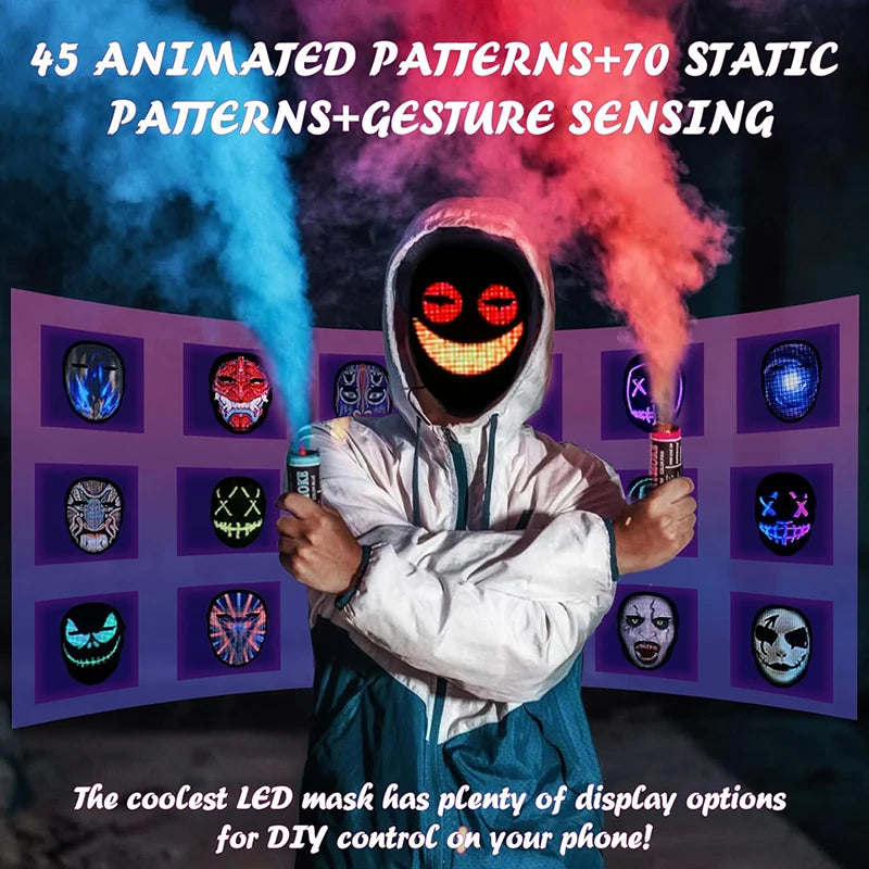 Led Mask with Gesture Sensing,Bluetooth APP Control Programmable Smart Display Face Transforming Light Up Halloween Mask
