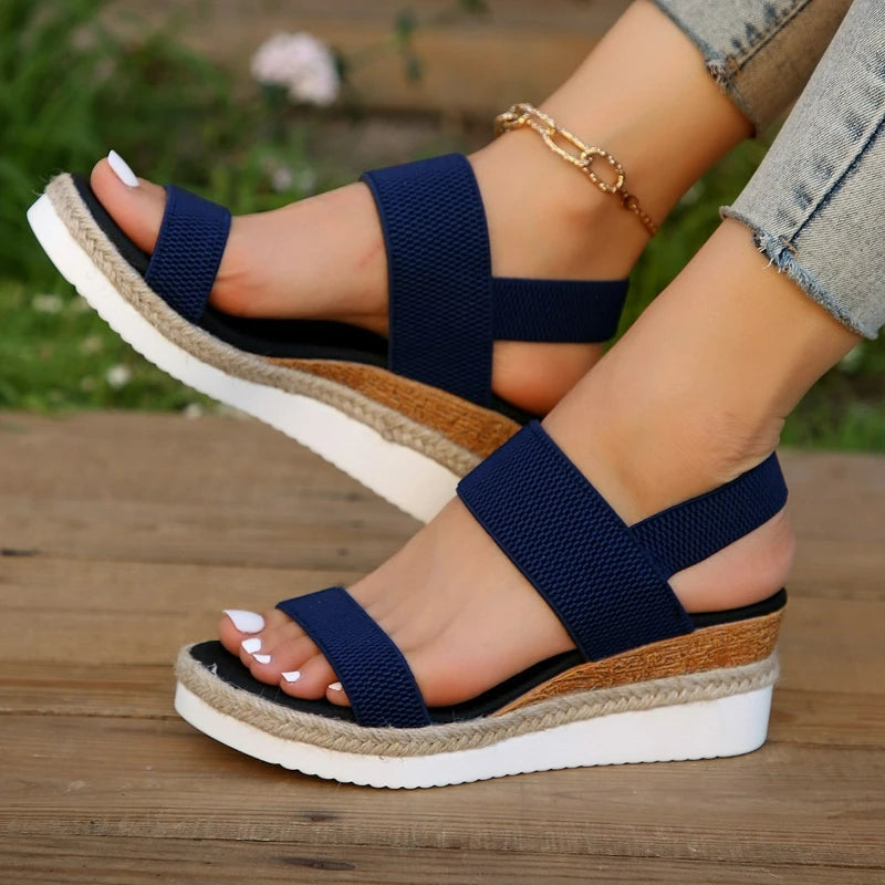 Women's Sandals Wedge Platform Shoes Open Toe Solid Color Beach Shoes Non-slip Sandals Slip on Elastic Fabric Sandals