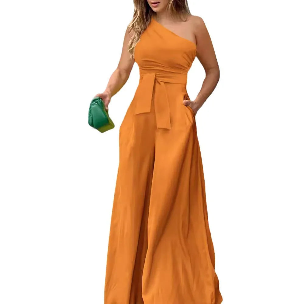 Women's Clothes Jumpsuit Solid Color Lace-up Irregular Off-The-Shoulder Casual High Waist Wide Leg Casual Ladies Jumpsuit